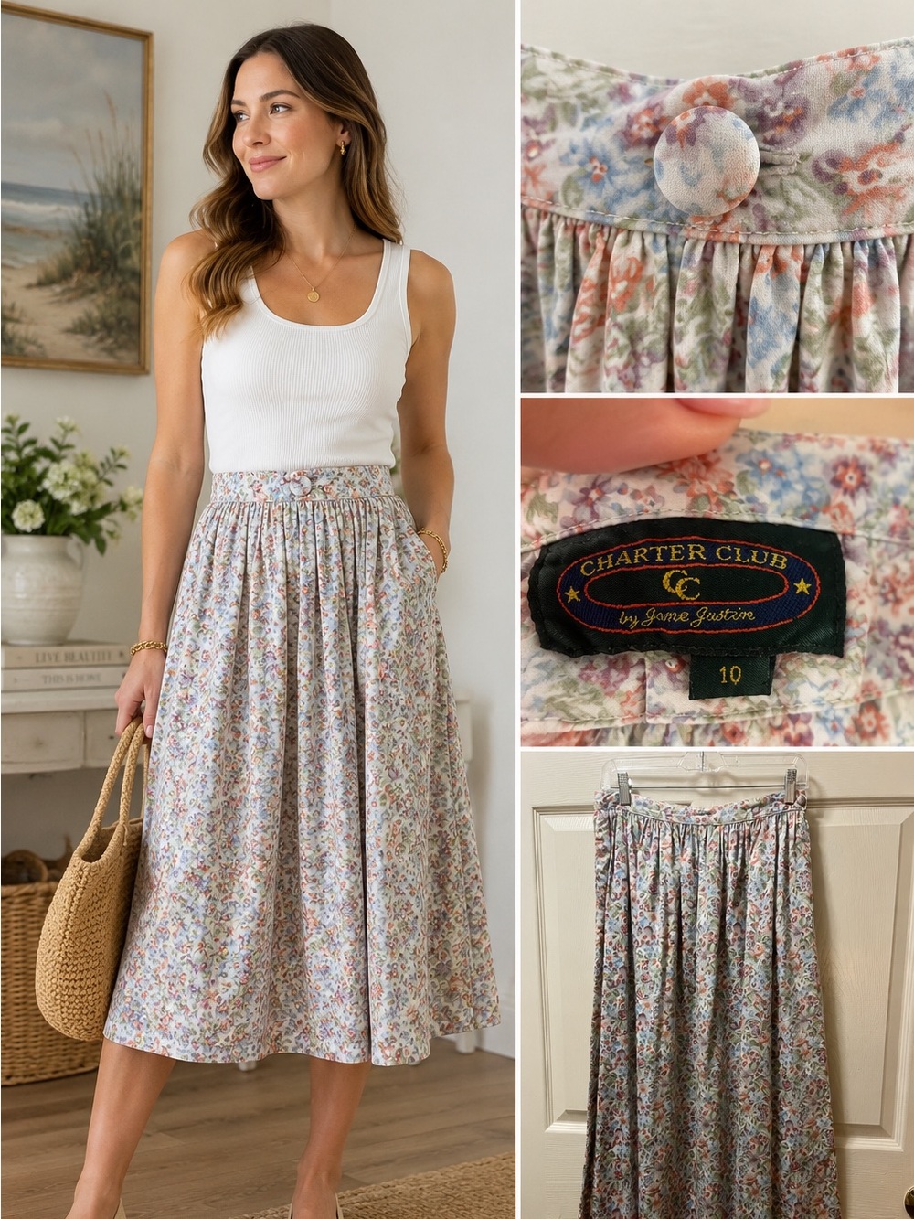Charter Club Jane Justson Floral Midi Skirt Size 10 Cottagecore Covered Button